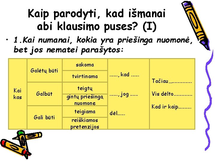 Kaip parodyti, kad išmanai abi klausimo puses? (I) • 1. Kai numanai, kokia yra