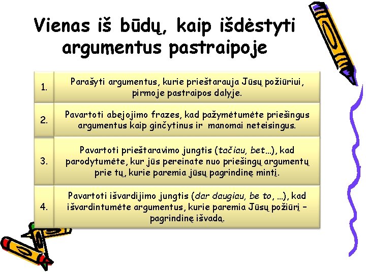 Vienas iš būdų, kaip išdėstyti argumentus pastraipoje 1. Parašyti argumentus, kurie prieštarauja Jūsų požiūriui,