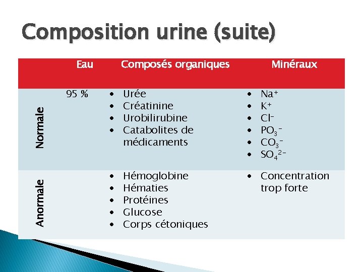 Composition urine (suite) Eau Anormale Normale 95 % Composés organiques Minéraux Urée Créatinine Urobilirubine