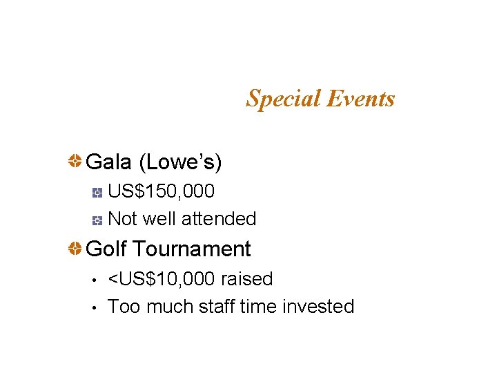 Special Events Gala (Lowe’s) US$150, 000 Not well attended Golf Tournament • • <US$10,