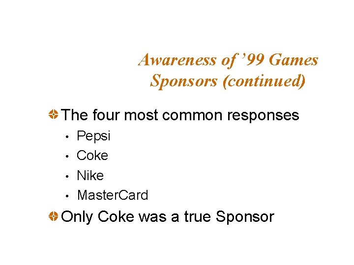 Awareness of ’ 99 Games Sponsors (continued) The four most common responses • •