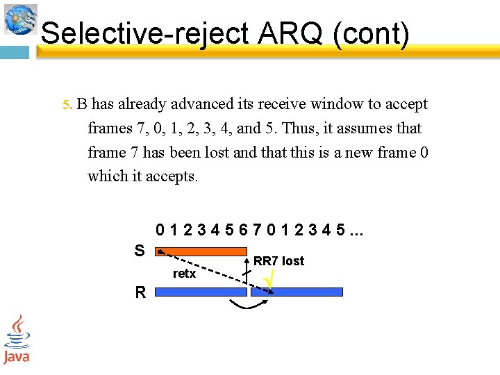 Selective-reject ARQ (cont) 5. B has already advanced its receive window to accept frames