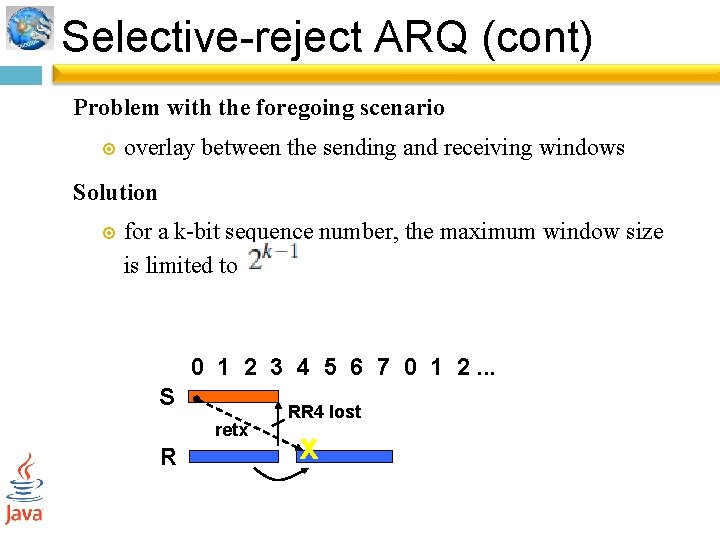 Selective-reject ARQ (cont) Problem with the foregoing scenario overlay between the sending and receiving