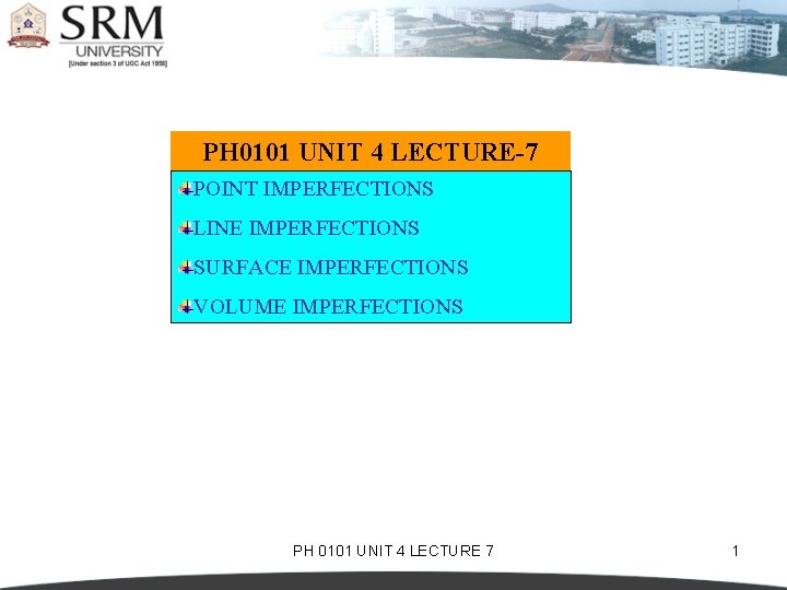 PH 0101 UNIT 4 LECTURE-7 POINT IMPERFECTIONS LINE IMPERFECTIONS SURFACE IMPERFECTIONS VOLUME IMPERFECTIONS PH