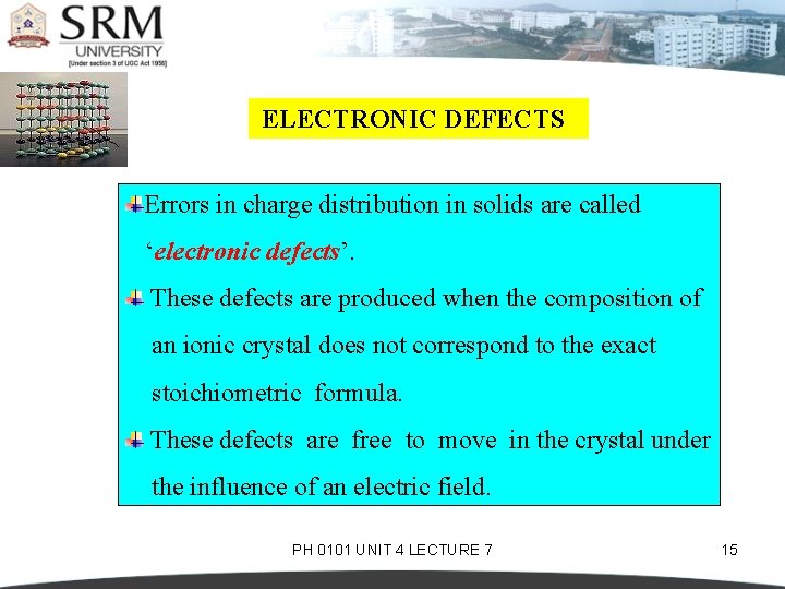 ELECTRONIC DEFECTS Errors in charge distribution in solids are called ‘electronic defects’. These defects