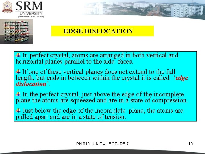 EDGE DISLOCATION In perfect crystal, atoms are arranged in both vertical and horizontal planes