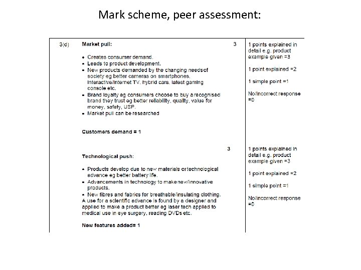 Mark scheme, peer assessment: 