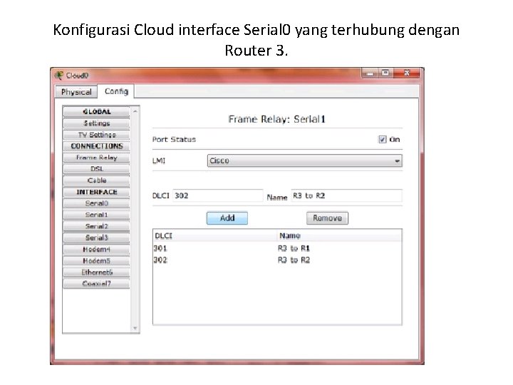 Konfigurasi Cloud interface Serial 0 yang terhubung dengan Router 3. 