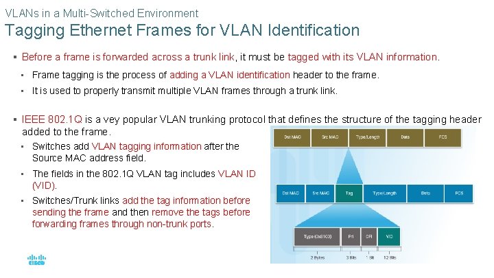 VLANs in a Multi-Switched Environment Tagging Ethernet Frames for VLAN Identification § Before a VLANs in a Multi-Switched Environment Tagging Ethernet Frames for VLAN Identification § Before a