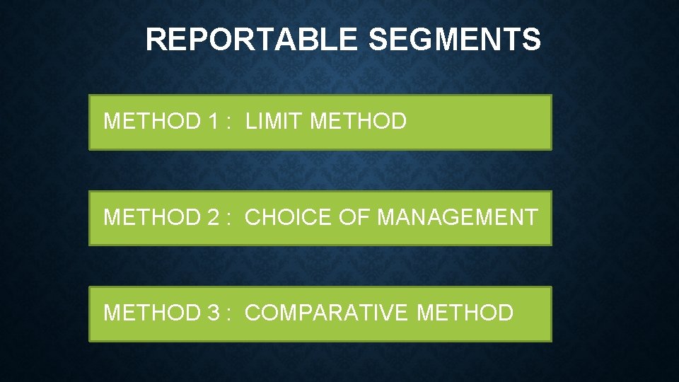 REPORTABLE SEGMENTS METHOD 1 : LIMIT METHOD 2 : CHOICE OF MANAGEMENT METHOD 3