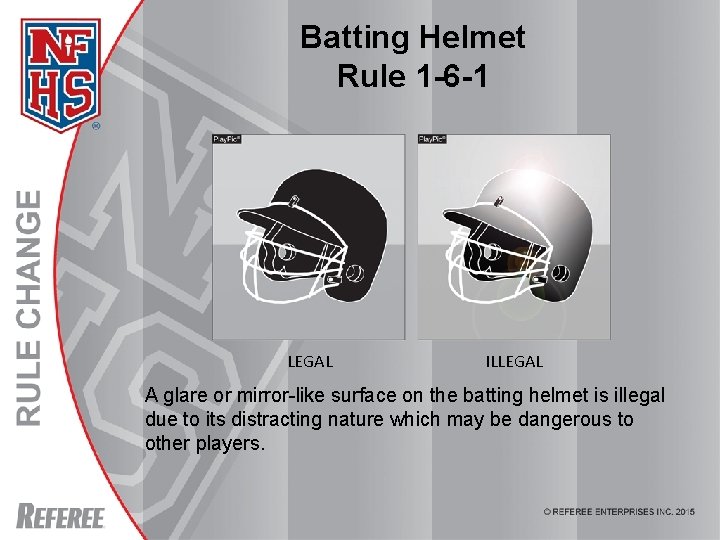 Batting Helmet Rule 1 -6 -1 LEGAL ILLEGAL A glare or mirror-like surface on