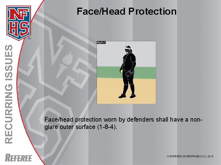 Face/Head Protection Face/head protection worn by defenders shall have a nonglare outer surface (1