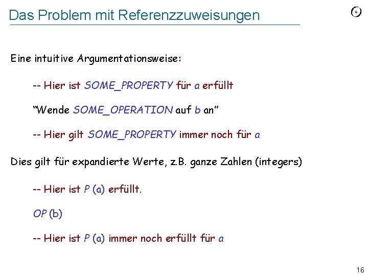 Das Problem mit Referenzzuweisungen Eine intuitive Argumentationsweise: -- Hier ist SOME_PROPERTY für a erfüllt