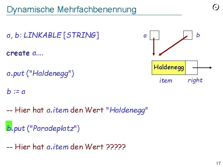 Dynamische Mehrfachbenennung a, b: LINKABLE [STRING] b a create a. put ("Haldenegg") Haldenegg item