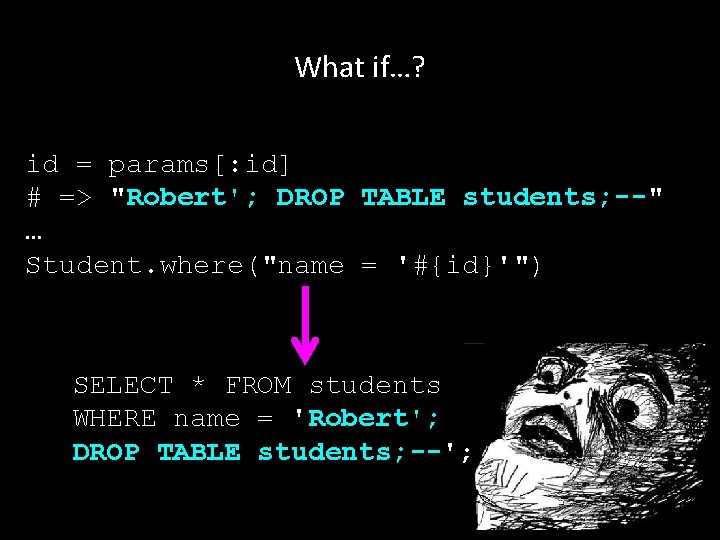What if…? id = params[: id] # => "Robert'; DROP TABLE students; --" …