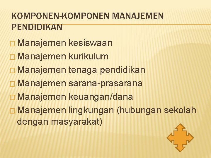 KOMPONEN-KOMPONEN MANAJEMEN PENDIDIKAN � Manajemen kesiswaan � Manajemen kurikulum � Manajemen tenaga pendidikan �