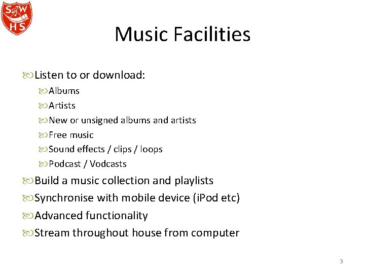 Music Facilities Listen to or download: Albums Artists New or unsigned albums and artists