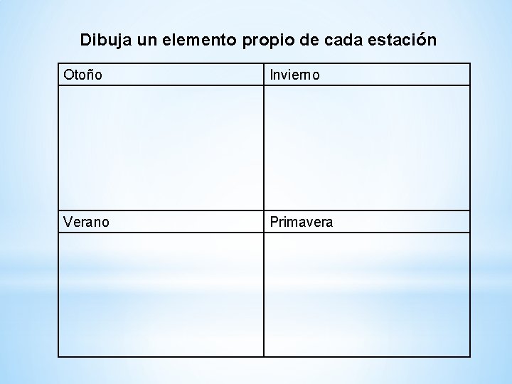 Dibuja un elemento propio de cada estación Otoño Invierno Verano Primavera 