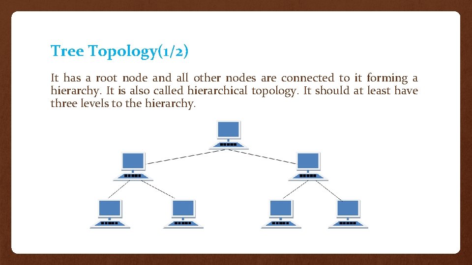 Tree Topology(1/2) It has a root node and all other nodes are connected to