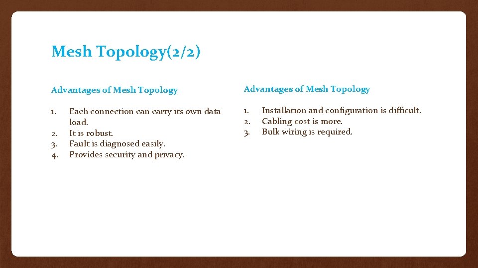 Mesh Topology(2/2) Advantages of Mesh Topology 1. 2. 3. 4. Each connection carry its