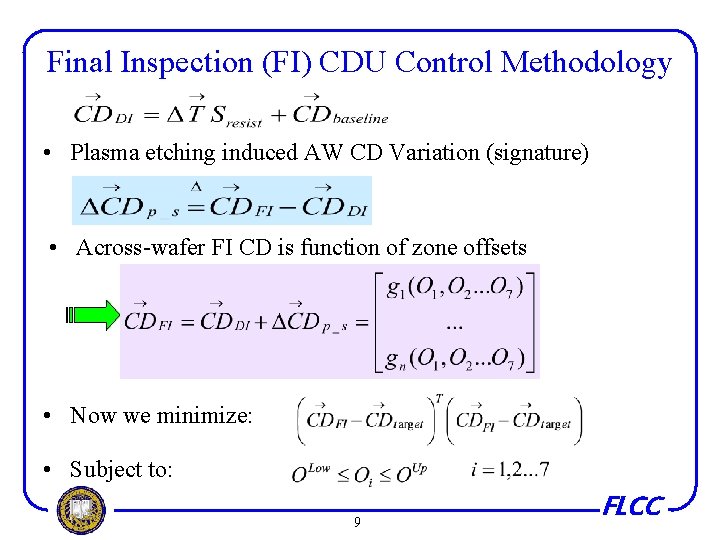 Final Inspection (FI) CDU Control Methodology • Plasma etching induced AW CD Variation (signature)