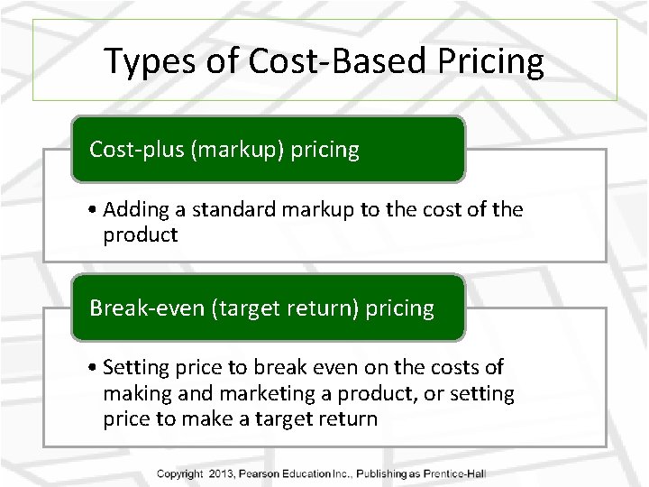 Types of Cost-Based Pricing Cost-plus (markup) pricing • Adding a standard markup to the
