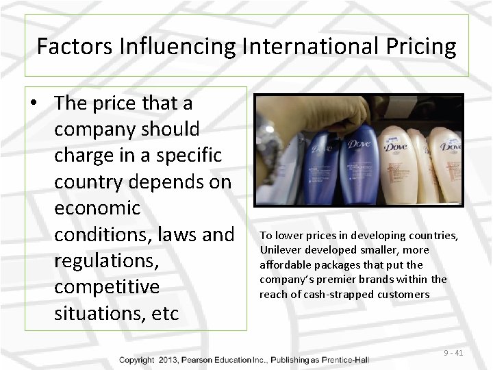 Factors Influencing International Pricing • The price that a company should charge in a
