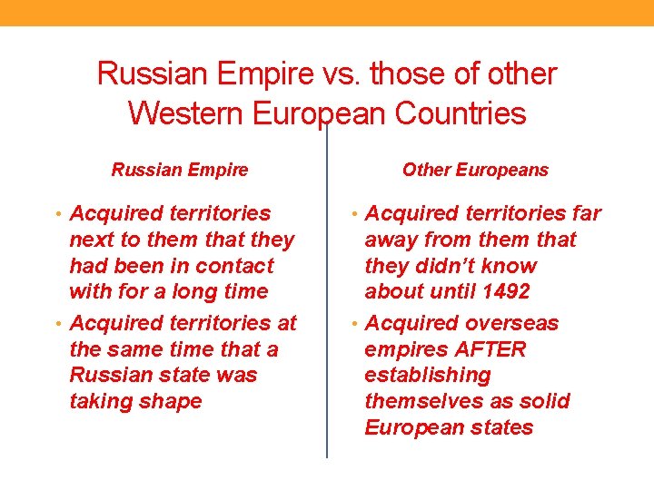 Russian Empire vs. those of other Western European Countries Russian Empire Other Europeans •