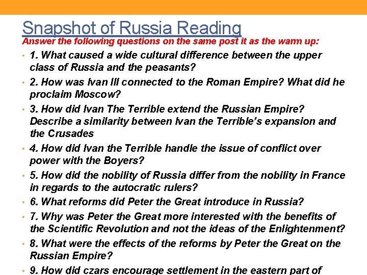 Snapshot of Russia Reading Answer the following questions on the same post it as