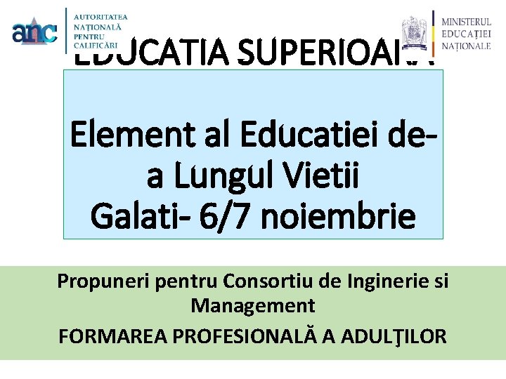 EDUCATIA SUPERIOARA Element al Educatiei dea Lungul Vietii Galati- 6/7 noiembrie Propuneri pentru Consortiu