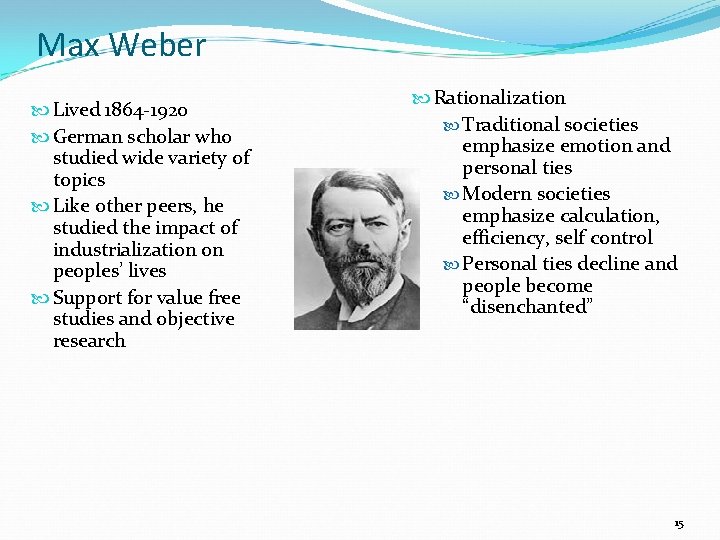 Max Weber Lived 1864 -1920 German scholar who studied wide variety of topics Like