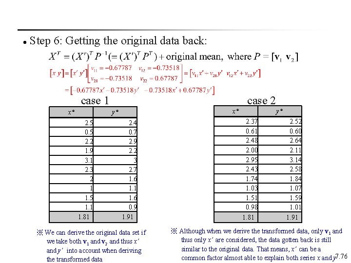 l Step 6: Getting the original data back: case 1 x* case 2 x*