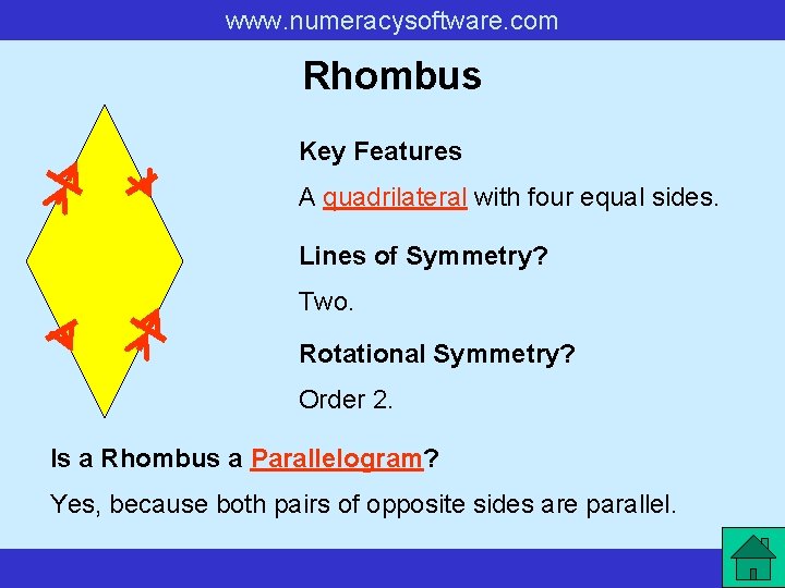 www. numeracysoftware. com Rhombus Key Features A quadrilateral with four equal sides. Lines of