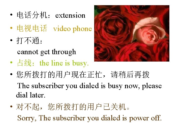  • 电话分机：extension • 电视电话 video phone • 打不通： cannot get through • 占线：the