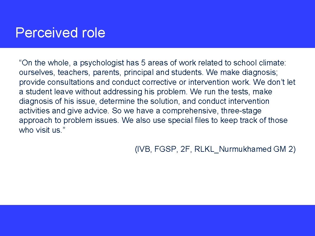 Perceived role “On the whole, a psychologist has 5 areas of work related to