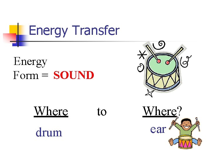 Energy Transfer Energy Form = SOUND Where drum to Where? ear 