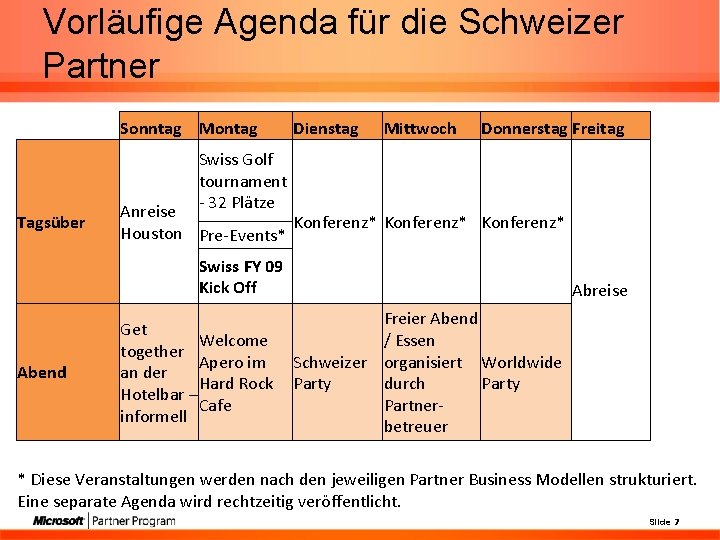 Vorläufige Agenda für die Schweizer Partner Sonntag Montag Tagsüber Dienstag Mittwoch Donnerstag Freitag Swiss