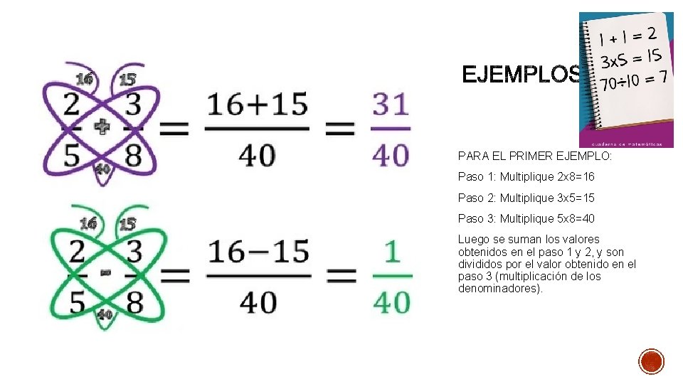 PARA EL PRIMER EJEMPLO: Paso 1: Multiplique 2 x 8=16 Paso 2: Multiplique 3