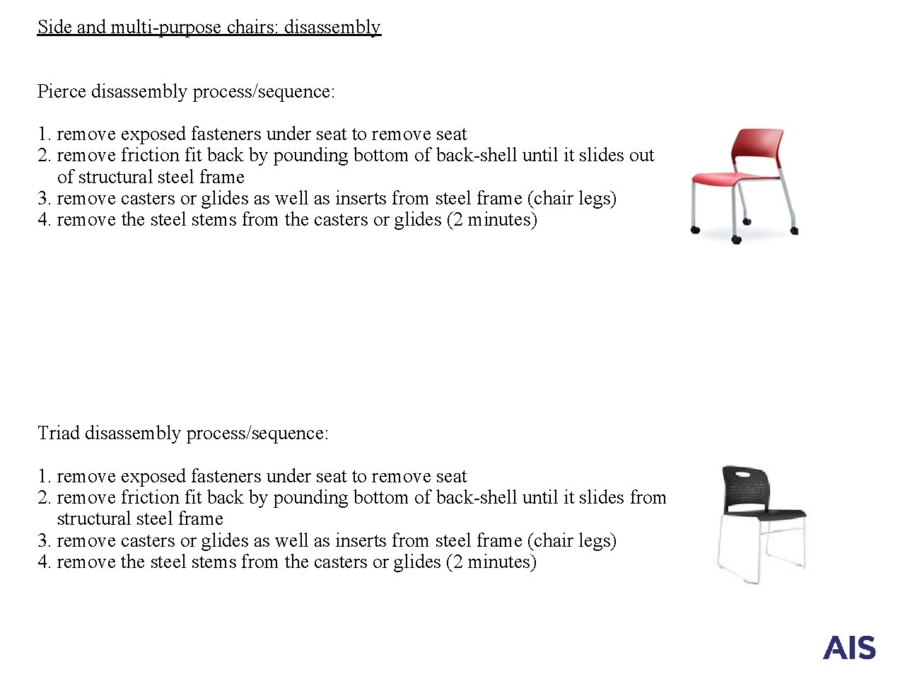 Side and multi-purpose chairs: disassembly Pierce disassembly process/sequence: 1. remove exposed fasteners under seat