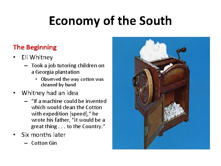 Economy of the South The Beginning • Eli Whitney – Took a job tutoring