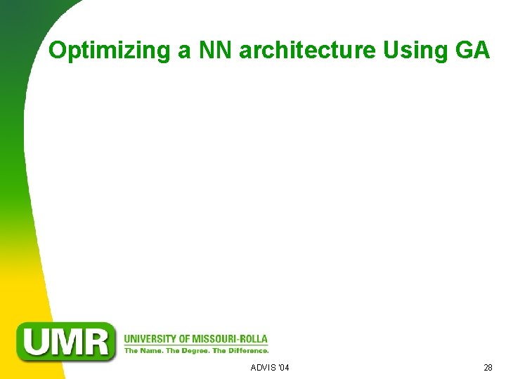 Optimizing a NN architecture Using GA ADVIS '04 28 