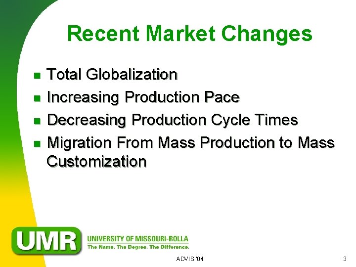 Recent Market Changes n n Total Globalization Increasing Production Pace Decreasing Production Cycle Times