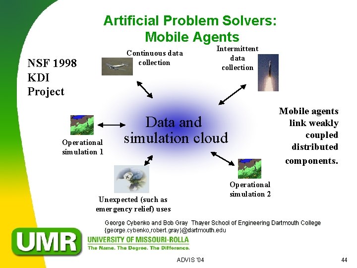 Artificial Problem Solvers: Mobile Agents Continuous data collection NSF 1998 KDI Project Operational simulation