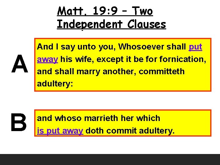 Matt. 19: 9 – Two Independent Clauses A And I say unto you, Whosoever