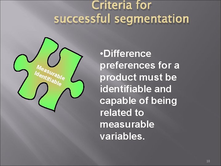 Criteria for successful segmentation Me a Ide sura ntif ble iab le • Difference