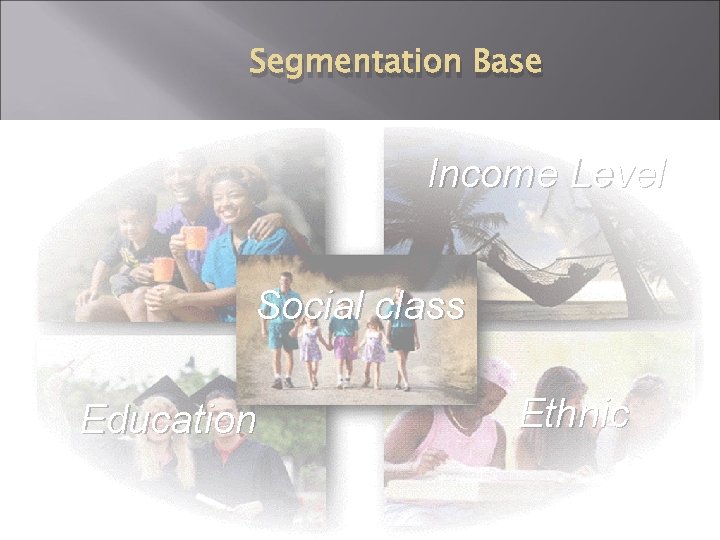 Segmentation Base Income Level Life-cycle Social class Education Ethnic 16 