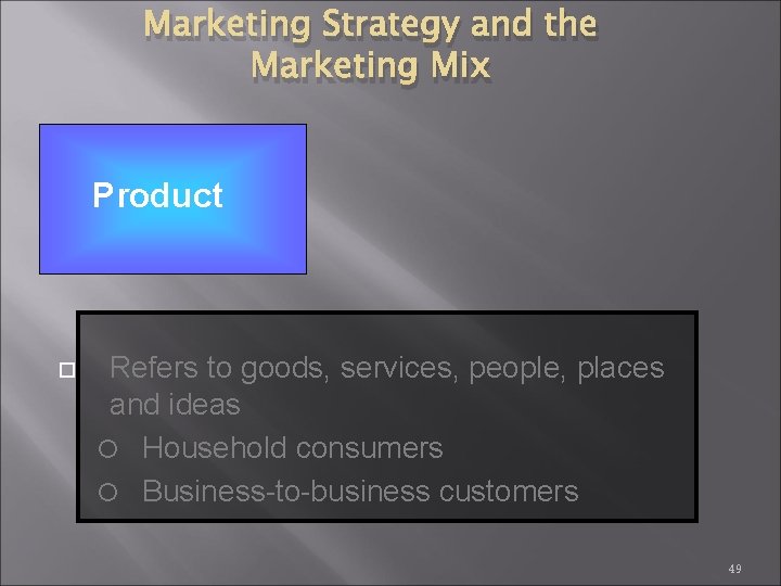 Marketing Strategy and the Marketing Mix Product Refers to goods, services, people, places and