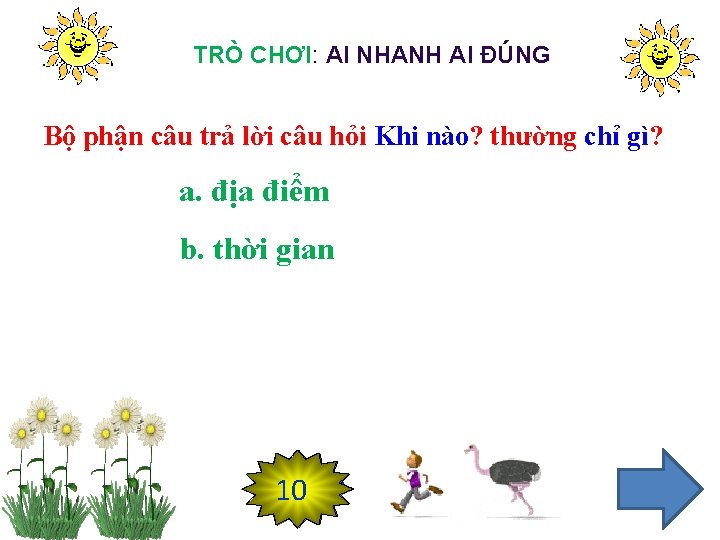 TRÒ CHƠI: AI NHANH AI ĐÚNG Bộ phận câu trả lời câu hỏi Khi