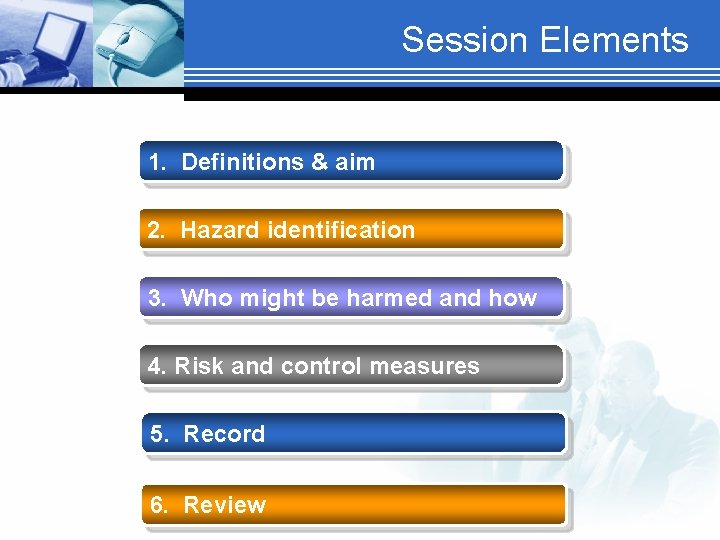 Session Elements 1. Definitions & aim 2. Hazard identification 3. Who might be harmed