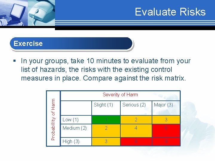 Evaluate Risks Exercise § In your groups, take 10 minutes to evaluate from your